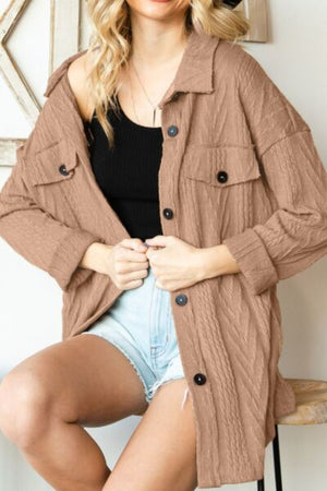 Retro Camel Full Size Drop Shoulder Jacket With Button-Up Design Women Jacket