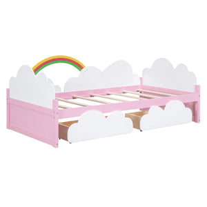 Twin Size Bed With Clouds And Rainbow Decor - Pink / White by Couch.com