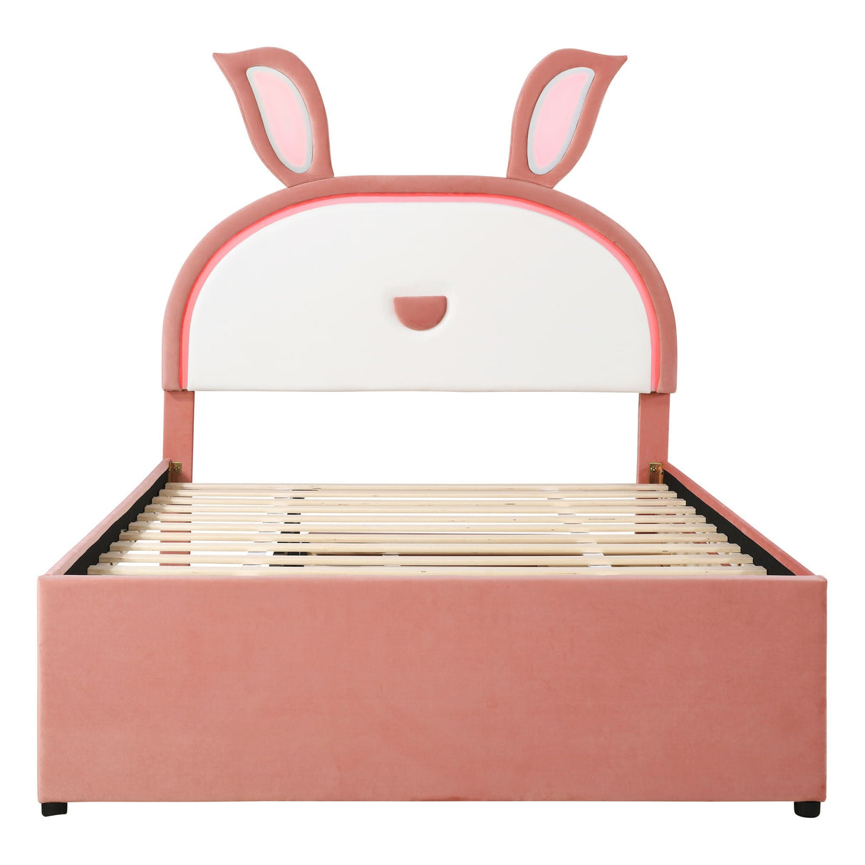 Upholstered Platform Bed With Trundle And 3 Drawers, Rabbit-Shaped Headboard With Embedded LED Lights by Couch.com
