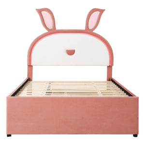 Upholstered Platform Bed With Trundle And 3 Drawers, Rabbit-Shaped Headboard With Embedded LED Lights by Couch.com