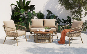 Bohemia-Inspired 4 Person Outdoor Seating Group With Removable Cushions, Conversation Patio Set With Wood Tabletop - Beige by Couch.com