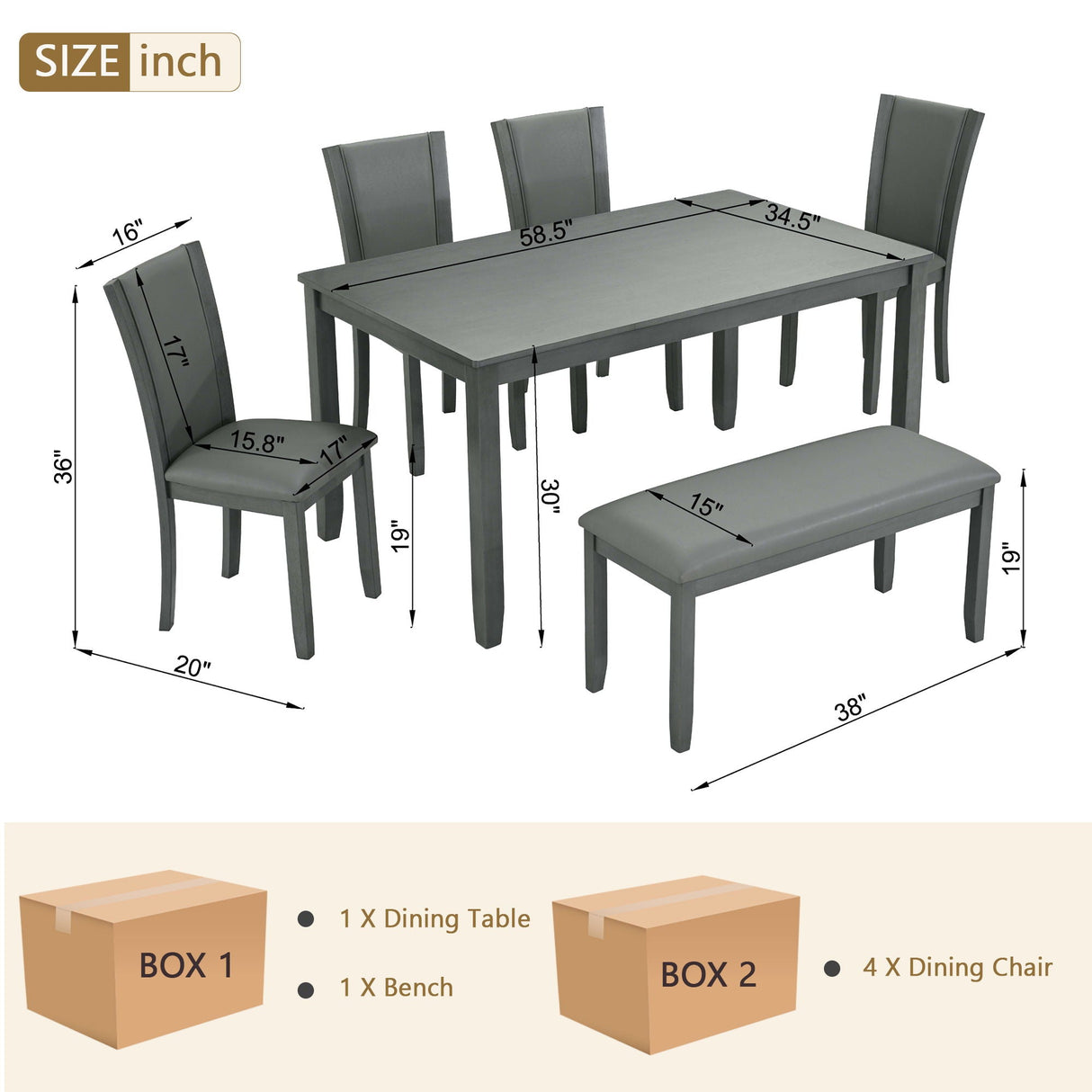 Modern 6 Piece Dining Table Set With Bench And Chairs For Dining Room Or Kitchen - Gray by Couch.com