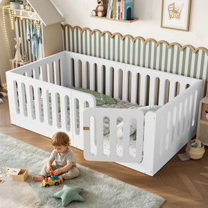 Twin Size Floor Bed with High Fence for Kids, Solid Wood Kids Montessori Bed with Door, low-profile and No Box Spring Needed, White