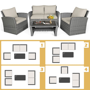 4 Pieces Patio Rattan Furniture Set Sofa Table with Storage Shelf Cushion-Gray