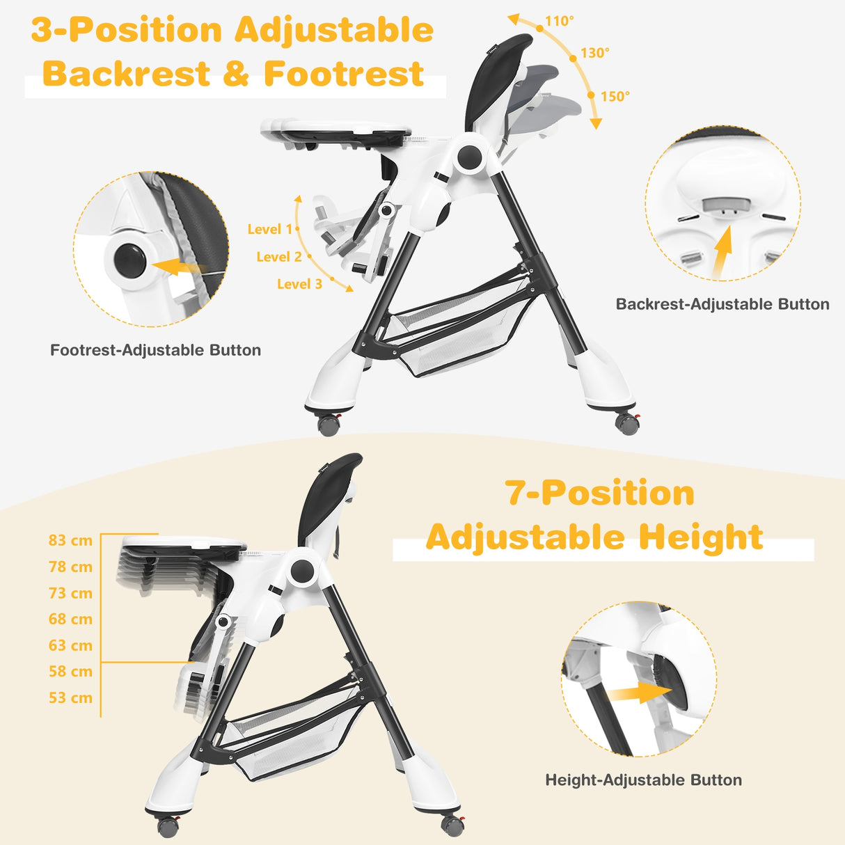 A-Shaped High Chair with 4 Lockable Wheels-Black