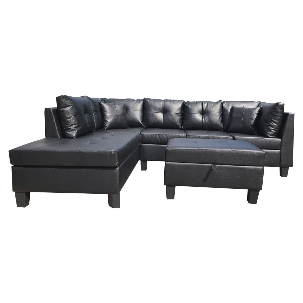 3 Piece Sofa With Left Chaise Lounge And Storage Ottoman, 2 Throw Pillows - Black by Couch.com