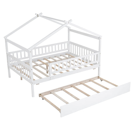 The Creativity House Bed features a white wooden frame in a house shape, equipped with safety rails and an extended twin-size trundle beneath, all set against a white background.