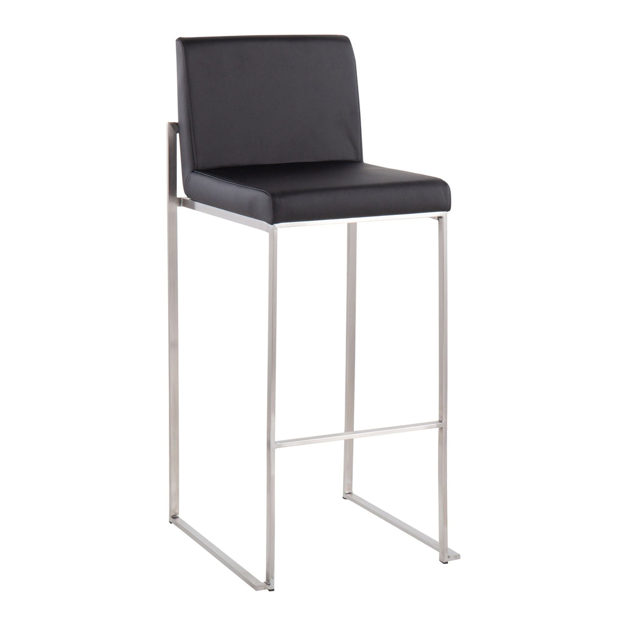 The Fuji - Contemporary And Modern Elegance High Back Barstool features a black cushioned seat and backrest with a sleek stainless steel frame and footrest for a modern look.