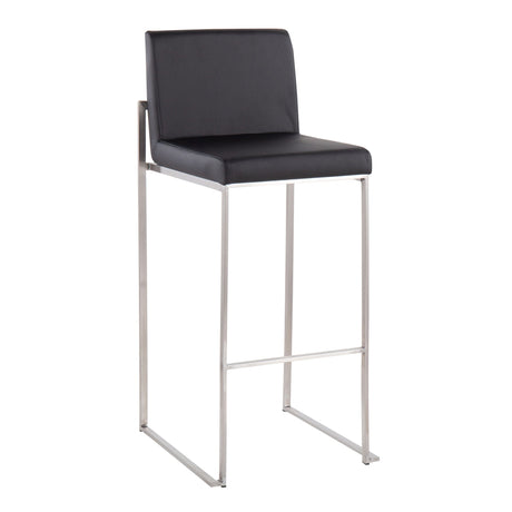 The Fuji - Contemporary And Modern Elegance High Back Barstool features a black cushioned seat and backrest with a sleek stainless steel frame and footrest for a modern look.