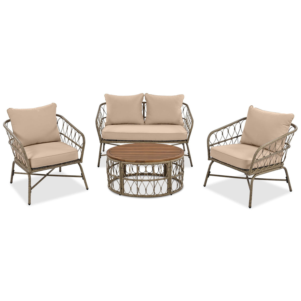 Bohemia-Inspired 4 Person Outdoor Seating Group With Removable Cushions, Conversation Patio Set With Wood Tabletop - Beige by Couch.com
