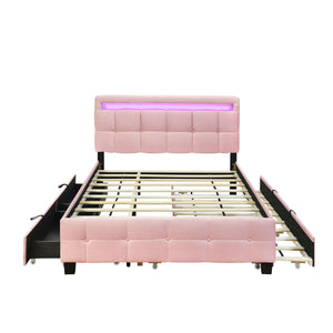 The Upholstered Platform Bed With LED Frame features a pink tufted headboard with a built-in LED light strip, four pull-out drawers (two on each side) for storage, and a visible slatted base for ample mattress space.