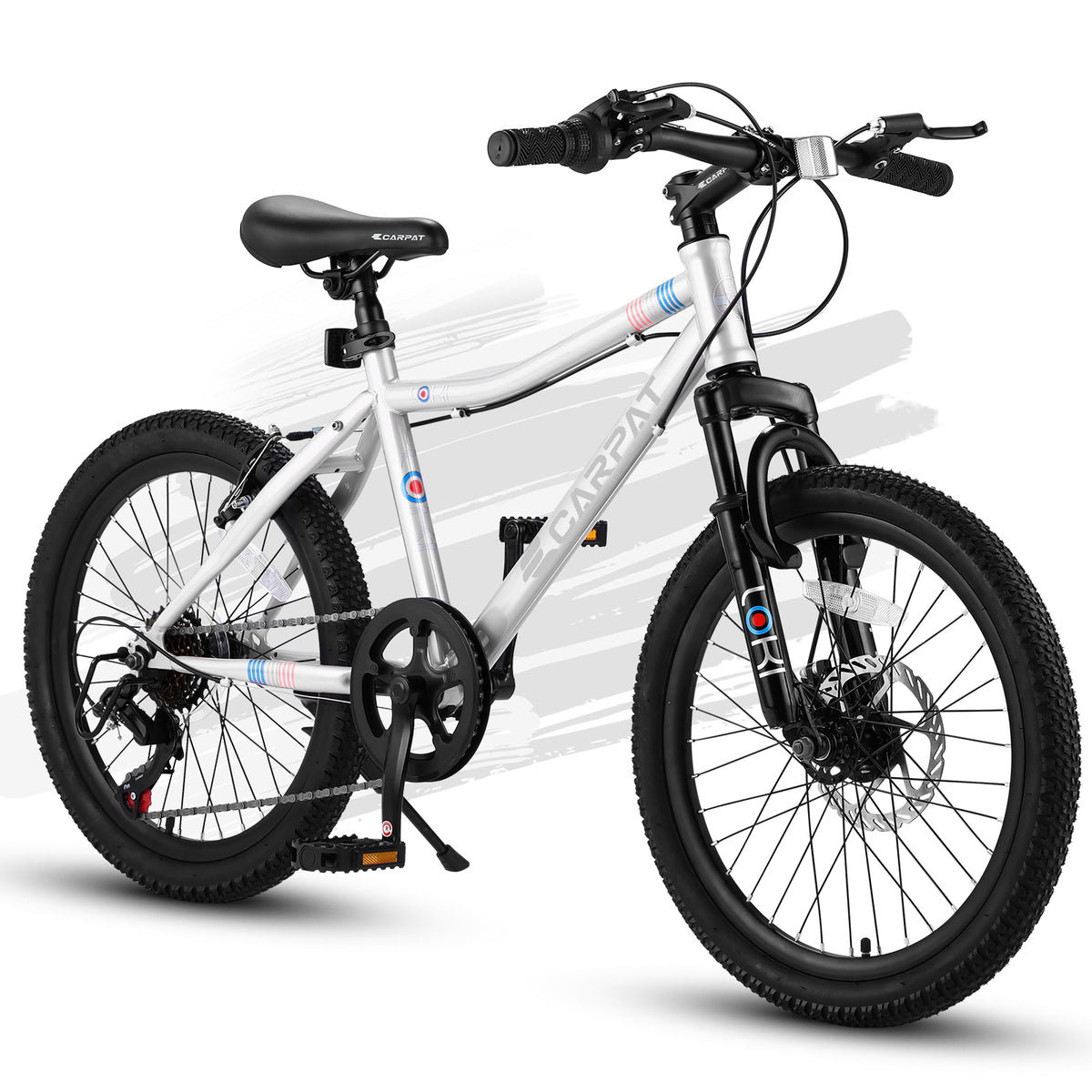 Ecarpat S20101 20 Inch Kids' Mountain Bike, 7 Speed, Front Suspension, White Steel Frame