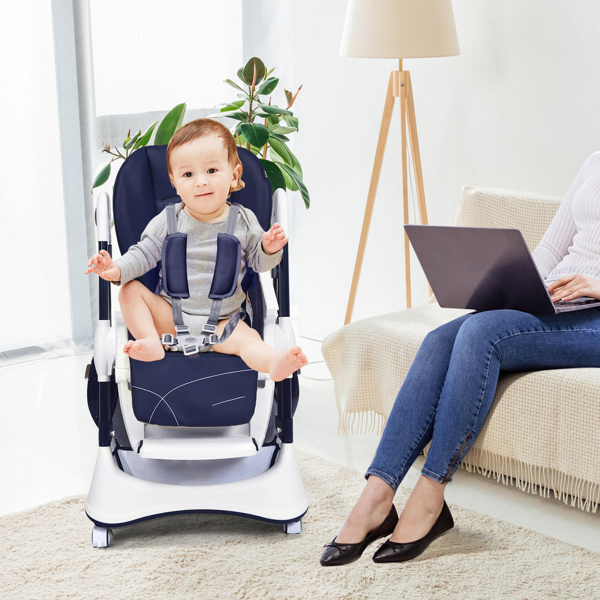 A-Shaped High Chair with 4 Lockable Wheels-Black