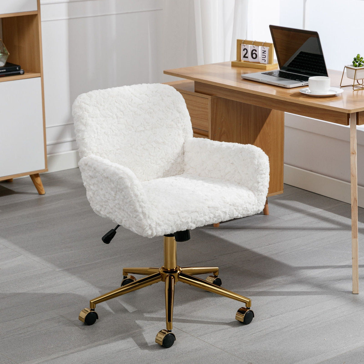 Office Chair, Artificial Rabbit Hair Home Office Chair With Golden Metal Base, Adjustable Desk Chair Swivel Office Chair, Vanity Chair by Couch.com