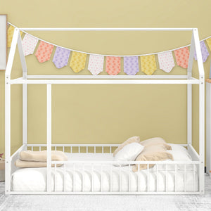 Metal Bed House Bed Frame With Fence