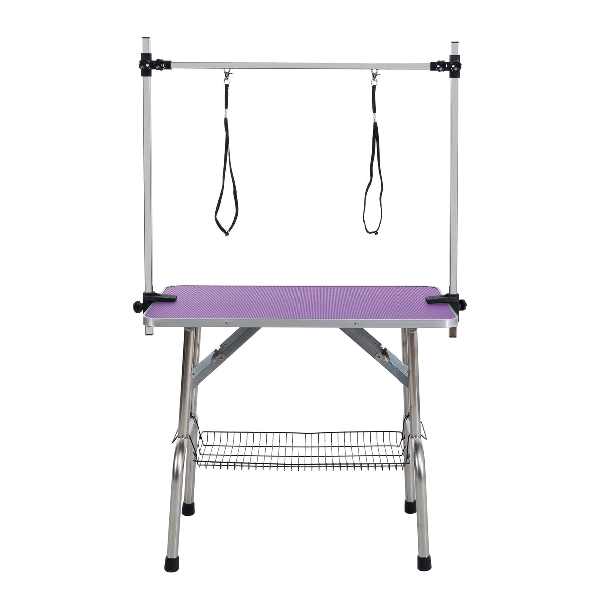 Purple Folding Pet Grooming Table with Stainless Steel Frame and Non-Slip Rubber Mat, Adjustable Arm and Clamps, 46'