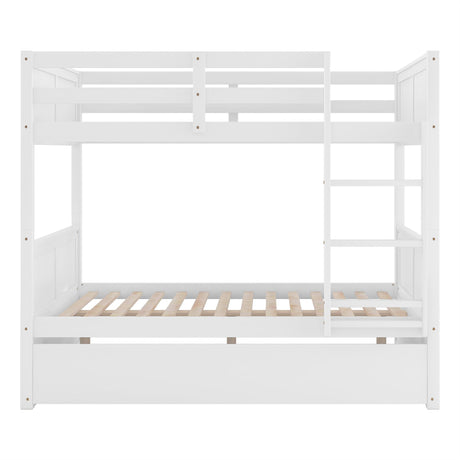 The White Wooden Bunk Bed with Twin Size Trundle features a ladder on the right, slatted frames for both bunks, and a minimalist design.