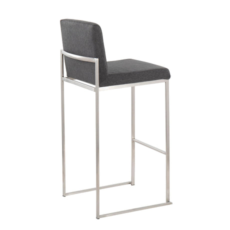 The Fuji Contemporary and Modern Elegance High Back Barstool features a slim metal frame with a brushed silver finish, dark gray upholstered seat and backrest, minimalist design, clean lines, and a rectangular footrest.