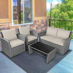 4 Pieces Patio Rattan Furniture Set Sofa Table with Storage Shelf Cushion-Gray