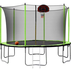 14Ft Trampoline With Basketball Hoop Inflator And Ladder (Inner Safety Enclosure) - Green by Couch.com