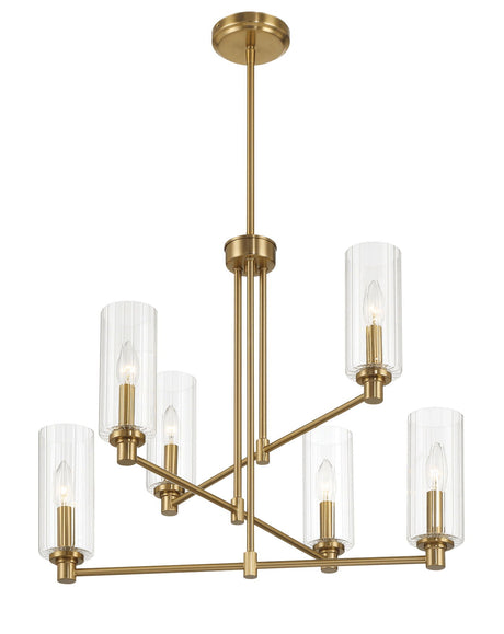 The Timeless chandelier showcases a modern design with six clear ribbed cylindrical shades that encase light bulbs. It features horizontal arms extending from a central rod in antique brass, making it ideal for contemporary interiors.