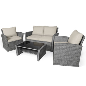 4 Pieces Patio Rattan Furniture Set Sofa Table with Storage Shelf Cushion-Gray