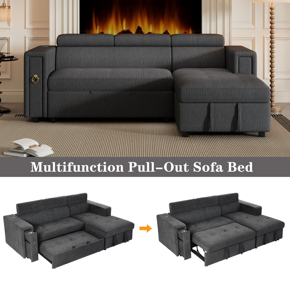 Multi-Functional Pull-Out Sofa Bed L-Shape Sectional Sofa With Adjustable Headrest, Wireless Charging, Cup Holders And Hidden Storage For Living Room by Couch.com