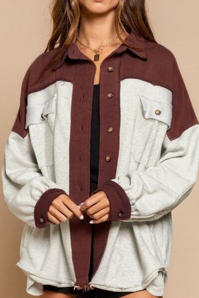 Unique Contrast Collared Pocketed Jacket with Button-Up Closure Modern Women Jacket