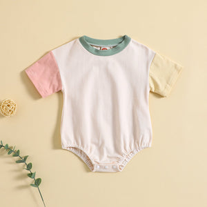 Baby Solid Color Stitching Romper Short Sleeve