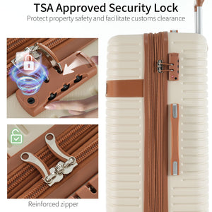 A close-up reveals a TSA-approved combination lock and reinforced zippers on the beige suitcase with brown accents from the 4 Piece Luggage Suitcase Set.