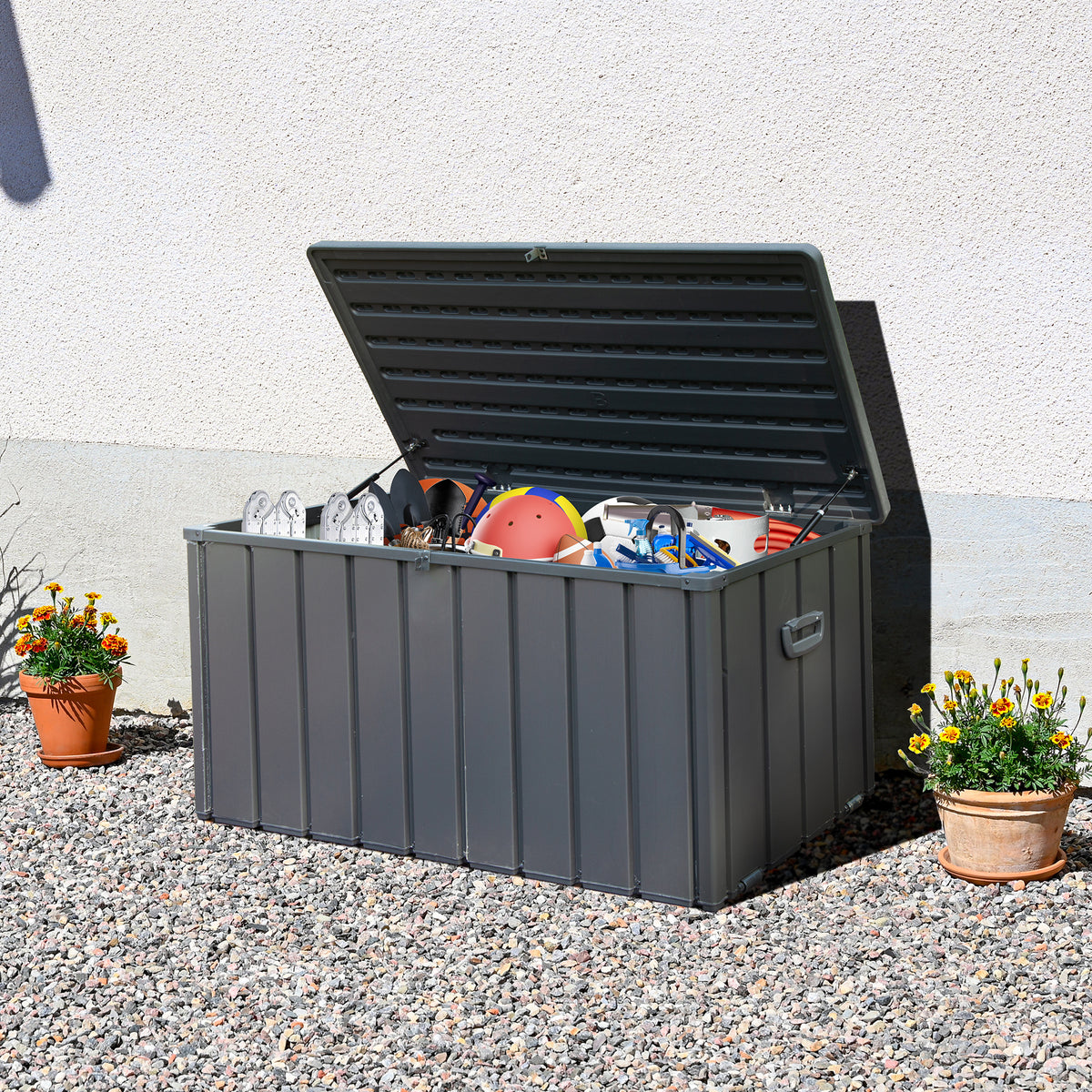 120 Gallon Waterproof Outdoor Deck Box, Steel, Lockable Patio Storage for Cushions and Garden Tools, Dark Gray
