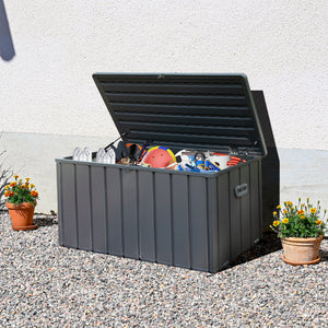 120 Gallon Waterproof Outdoor Deck Box, Steel, Lockable Patio Storage for Cushions and Garden Tools, Dark Gray