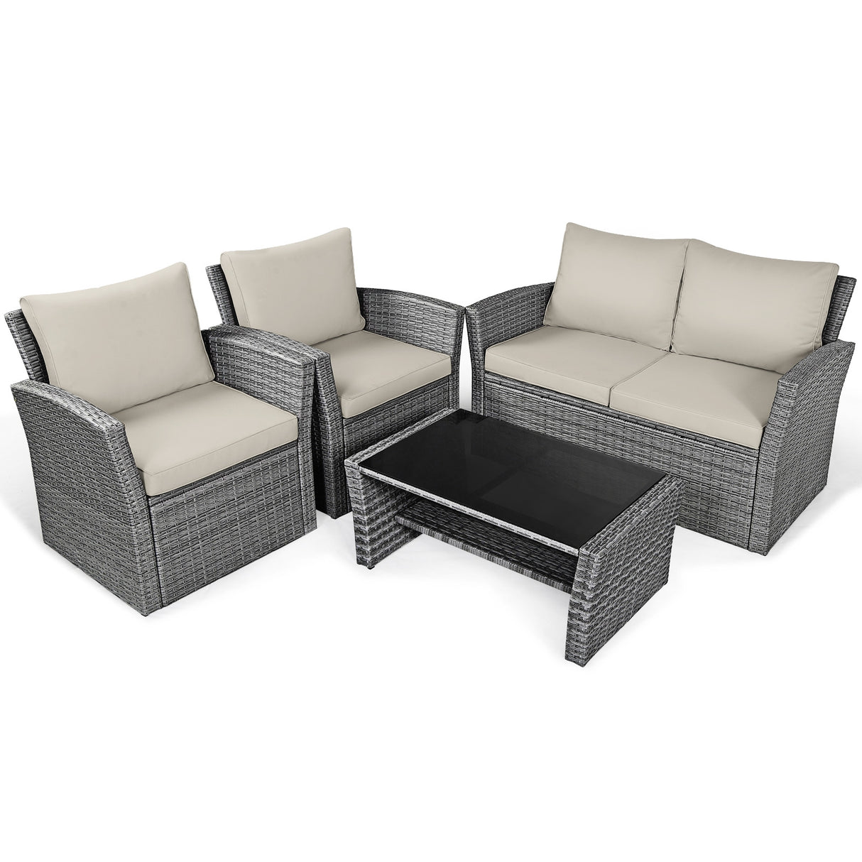 4 Pieces Patio Rattan Furniture Set Sofa Table with Storage Shelf Cushion-Gray