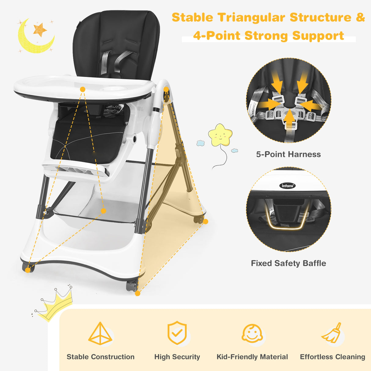 A-Shaped High Chair with 4 Lockable Wheels-Black