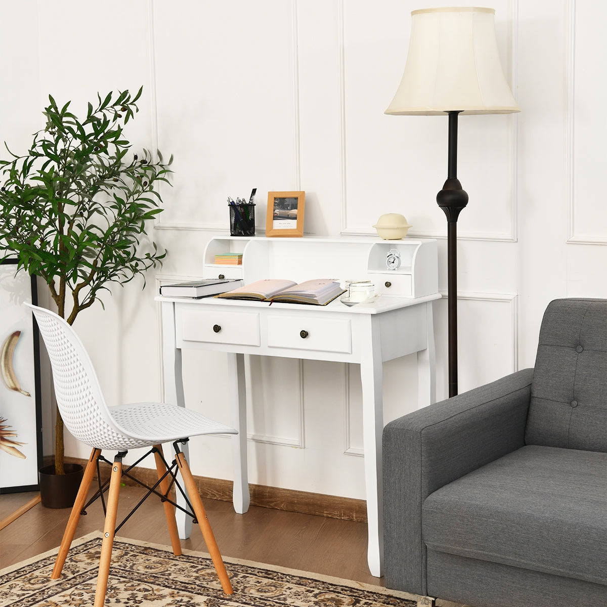 Writing Desk 2-Tier Vanity Desk Computer Desk with 4 Drawers-White
