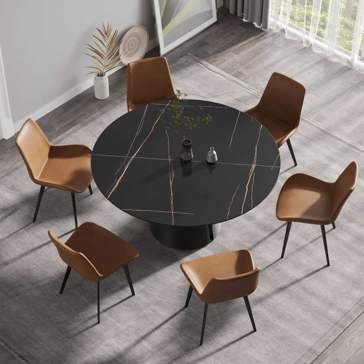 Modern Artificial Stone Round Carbon Steel Base Dining Table, Can Accommodate 6 People - Black / Gold by Couch.com