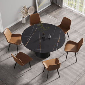 Modern Artificial Stone Round Carbon Steel Base Dining Table, Can Accommodate 6 People - Black / Gold by Couch.com