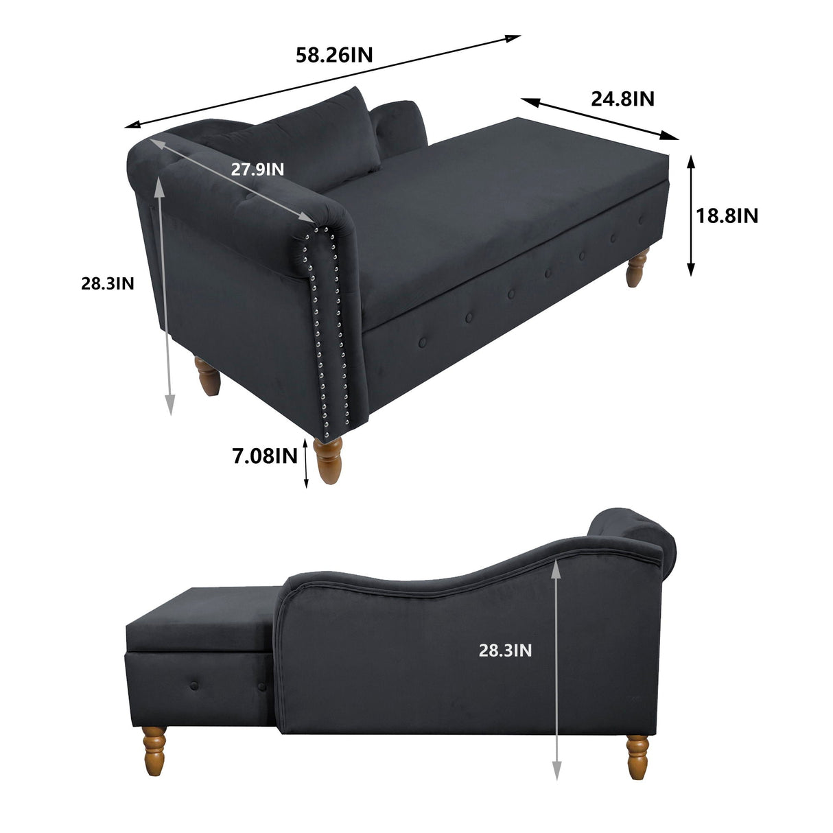 Chaise Lounge Indoor, Velvet Lounge Chair For Bedroom With Storage & Pillow, Modern Upholstered Rolled Arm Chase Lounge For Sleeping With Nailhead Trim For Living Room Bedroom Office by Couch.com