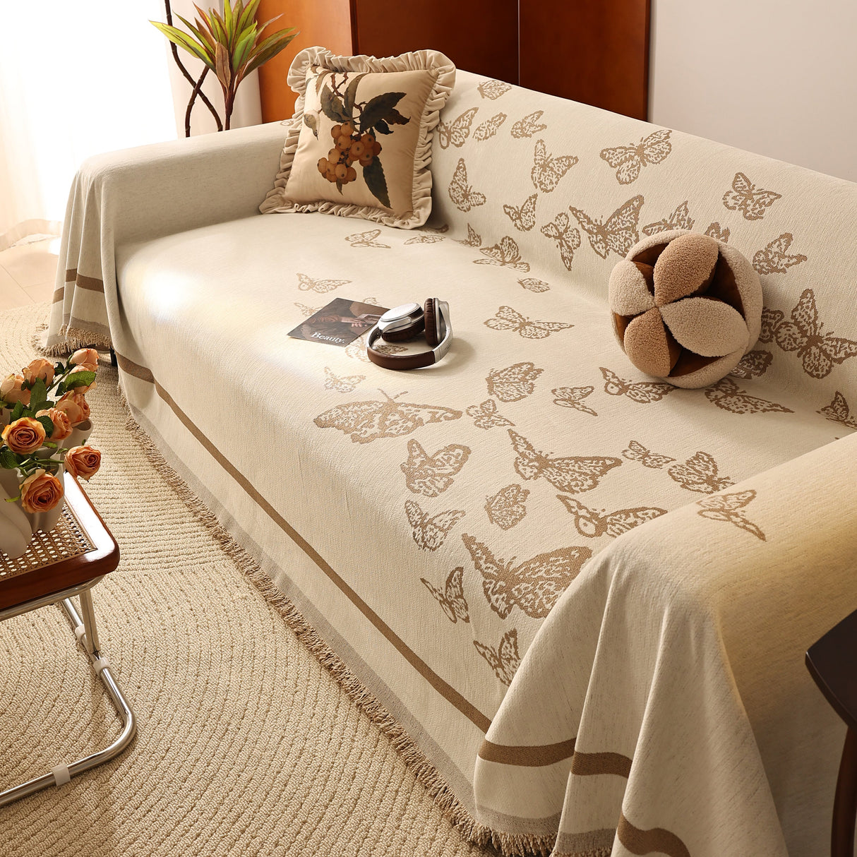 Butterfly Jacquard Soft Couch Blankets Cover for Couch Reversible Modern Sofa Slipcover Throw Covers