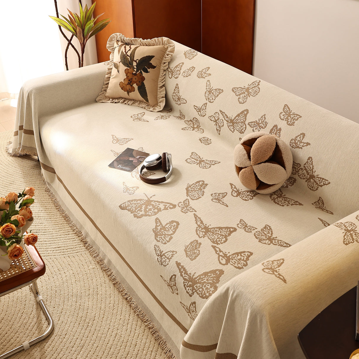 Butterfly Jacquard Soft Couch Blankets Cover for Couch Reversible Modern Sofa Slipcover Throw Covers