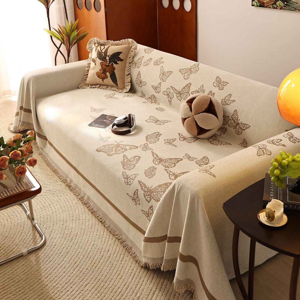 Butterfly Jacquard Soft Couch Blankets Cover for Couch Reversible Modern Sofa Slipcover Throw Covers