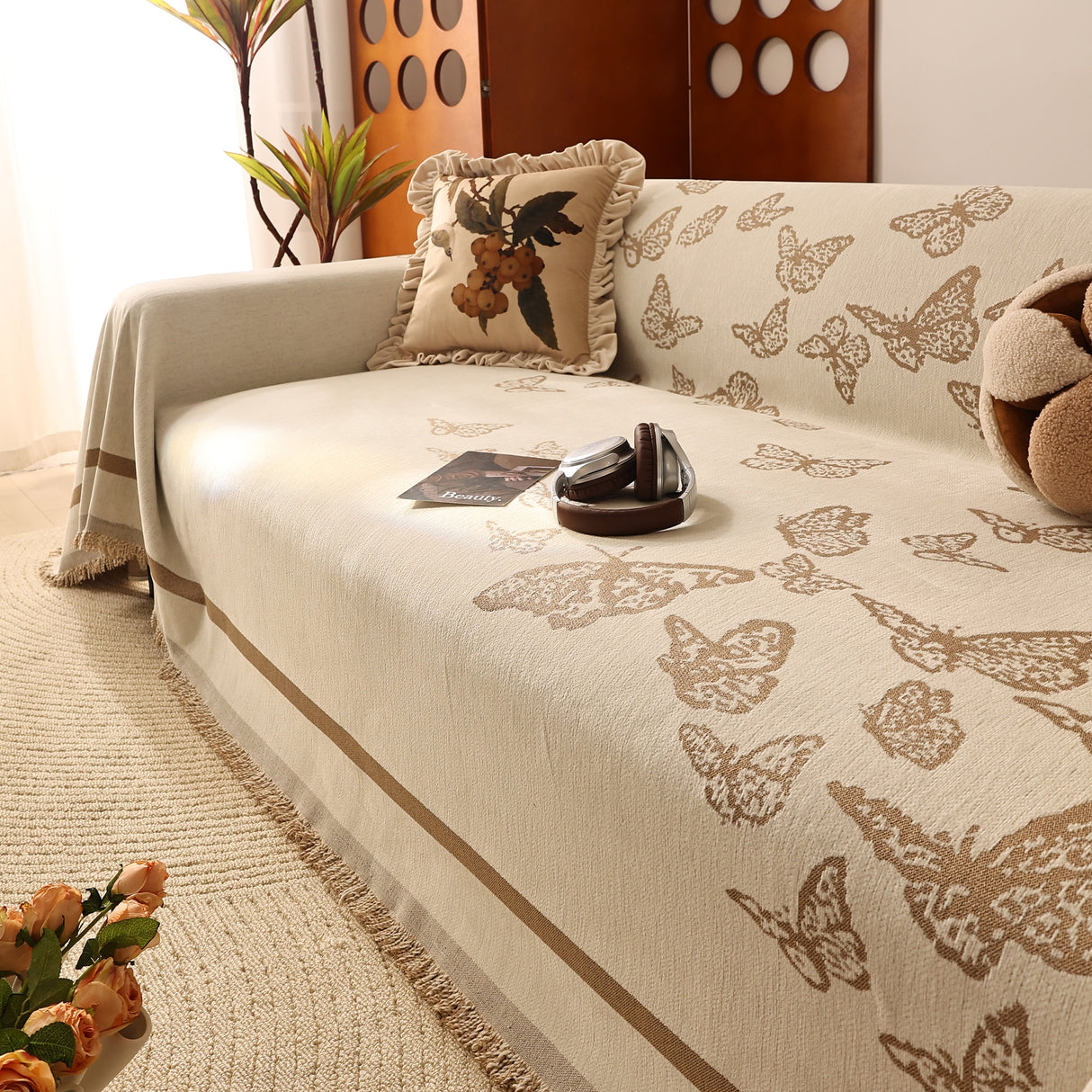 Butterfly Jacquard Soft Couch Blankets Cover for Couch Reversible Modern Sofa Slipcover Throw Covers