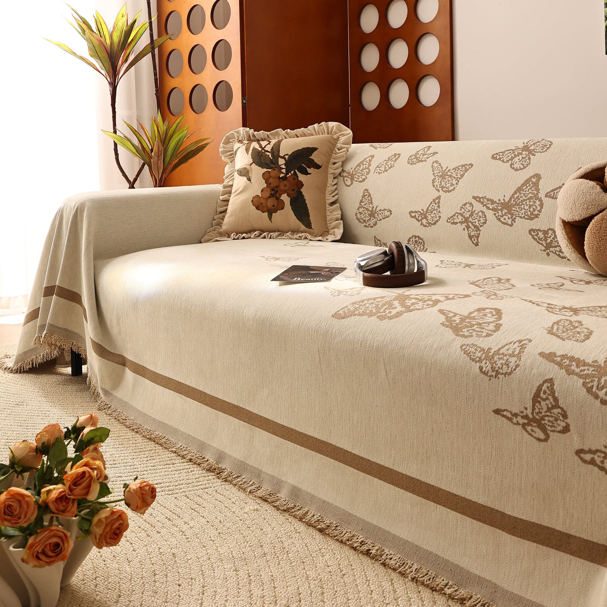 Butterfly Jacquard Soft Couch Blankets Cover for Couch Reversible Modern Sofa Slipcover Throw Covers