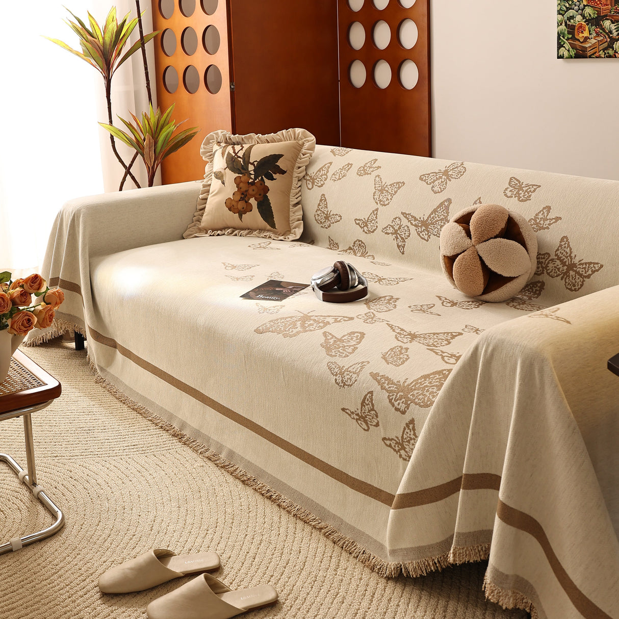 Butterfly Jacquard Soft Couch Blankets Cover for Couch Reversible Modern Sofa Slipcover Throw Covers