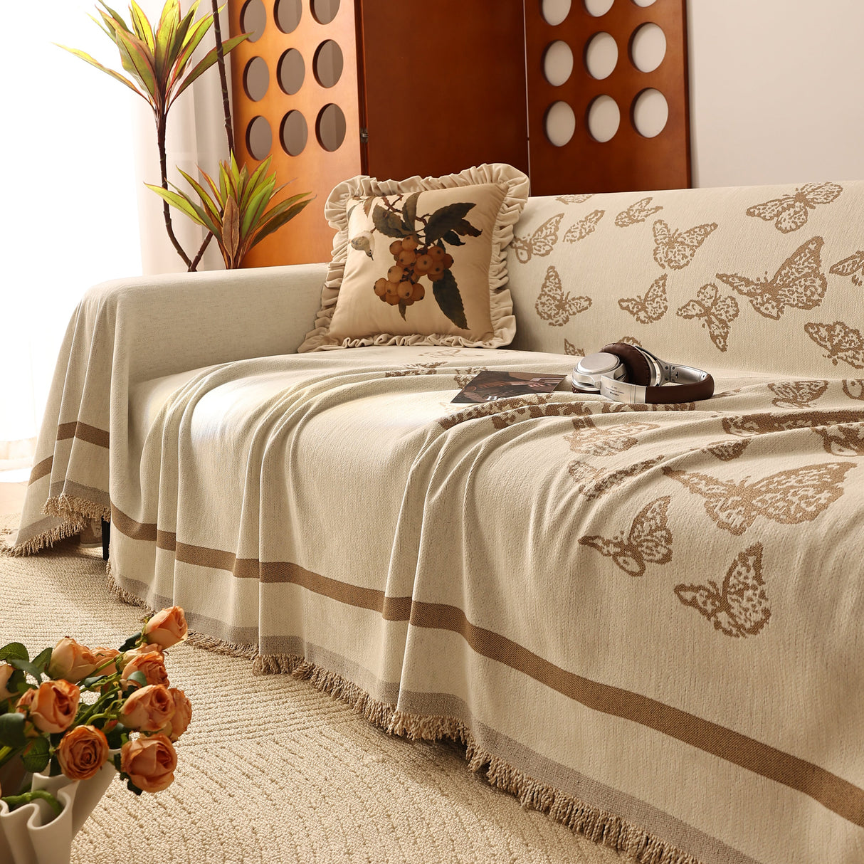 Butterfly Jacquard Soft Couch Blankets Cover for Couch Reversible Modern Sofa Slipcover Throw Covers