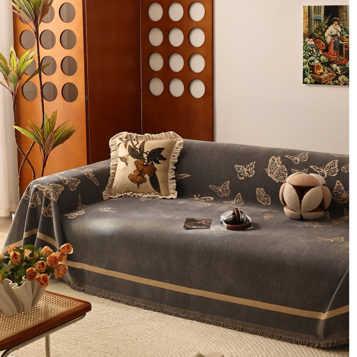 Butterfly Jacquard Soft Couch Blankets Cover for Couch Reversible Modern Sofa Slipcover Throw Covers