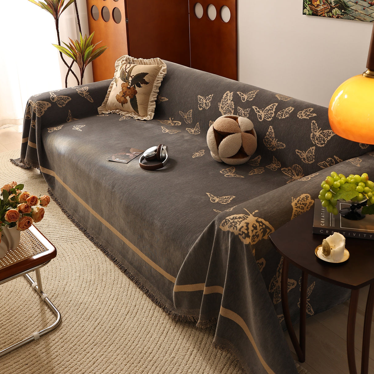 Butterfly Jacquard Soft Couch Blankets Cover for Couch Reversible Modern Sofa Slipcover Throw Covers