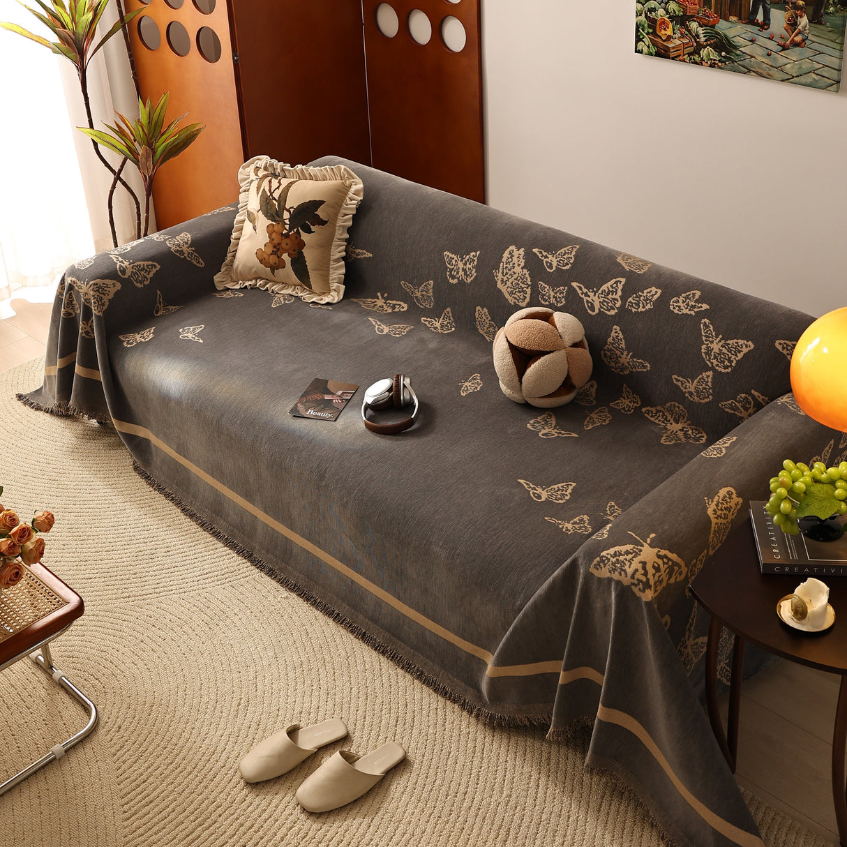 Butterfly Jacquard Soft Couch Blankets Cover for Couch Reversible Modern Sofa Slipcover Throw Covers