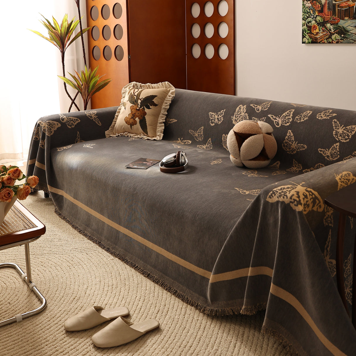 Butterfly Jacquard Soft Couch Blankets Cover for Couch Reversible Modern Sofa Slipcover Throw Covers