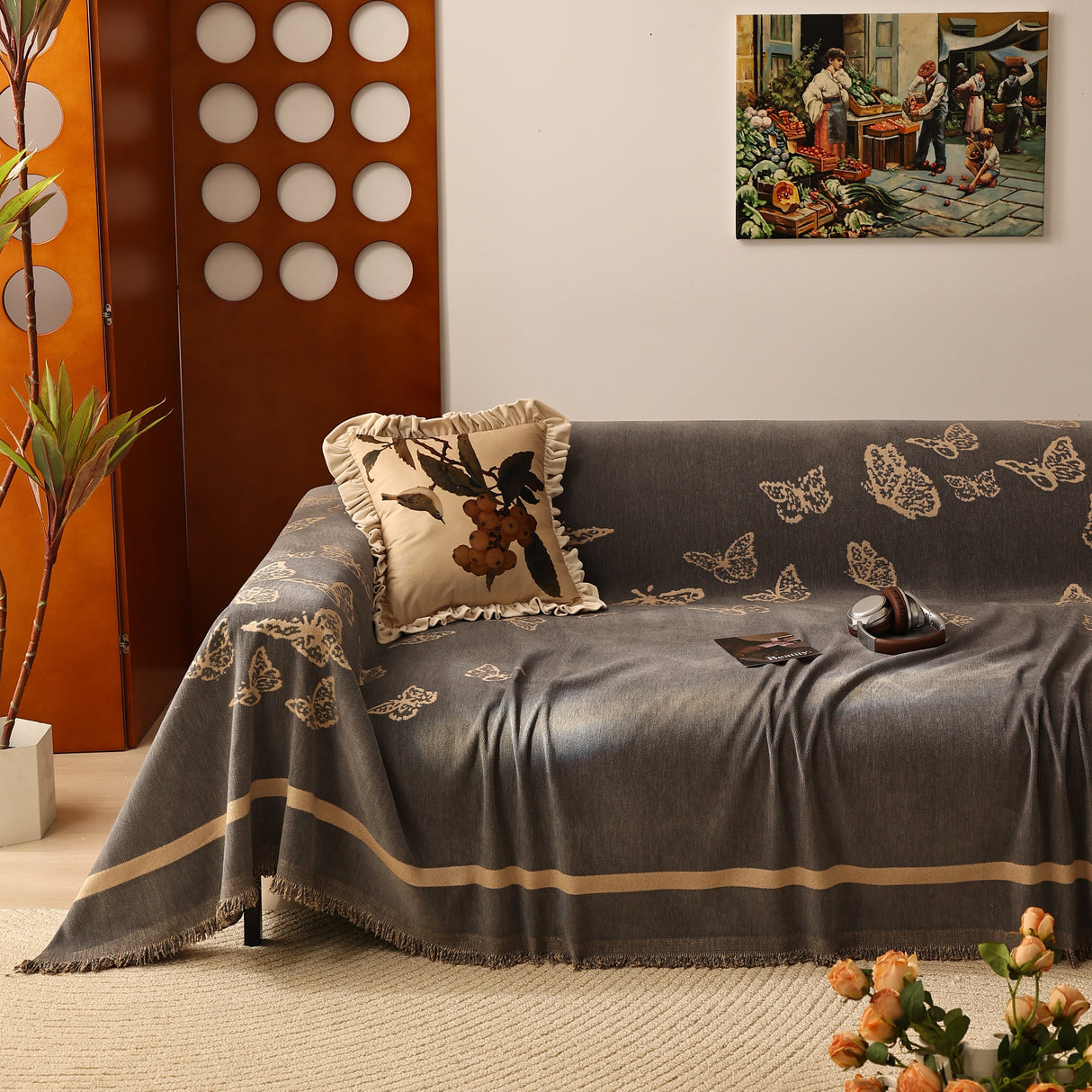 Butterfly Jacquard Soft Couch Blankets Cover for Couch Reversible Modern Sofa Slipcover Throw Covers